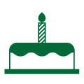 Green icon vector image of a birthday cake with one candle on top.