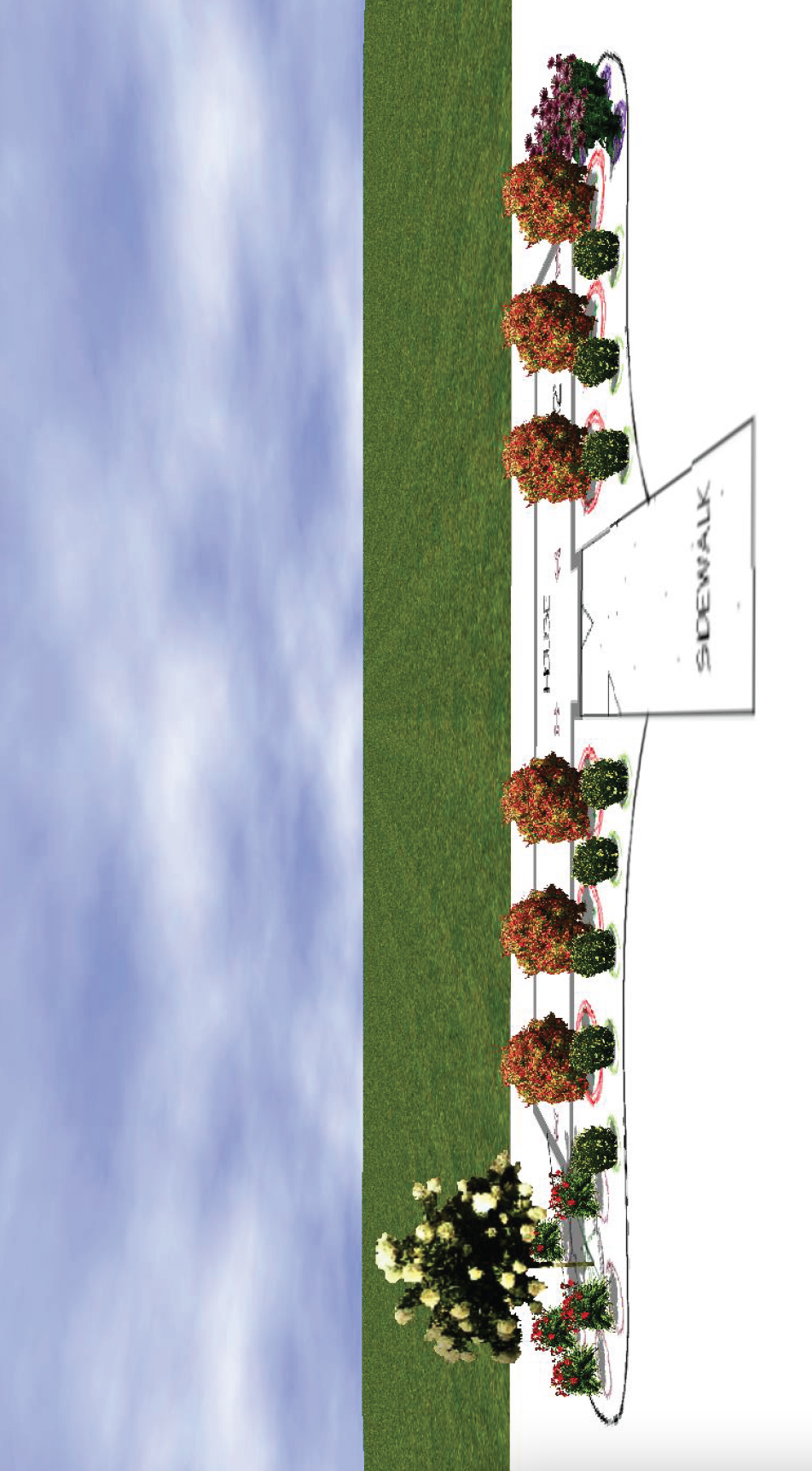 3D Model of a landscape plan for a front of house area.